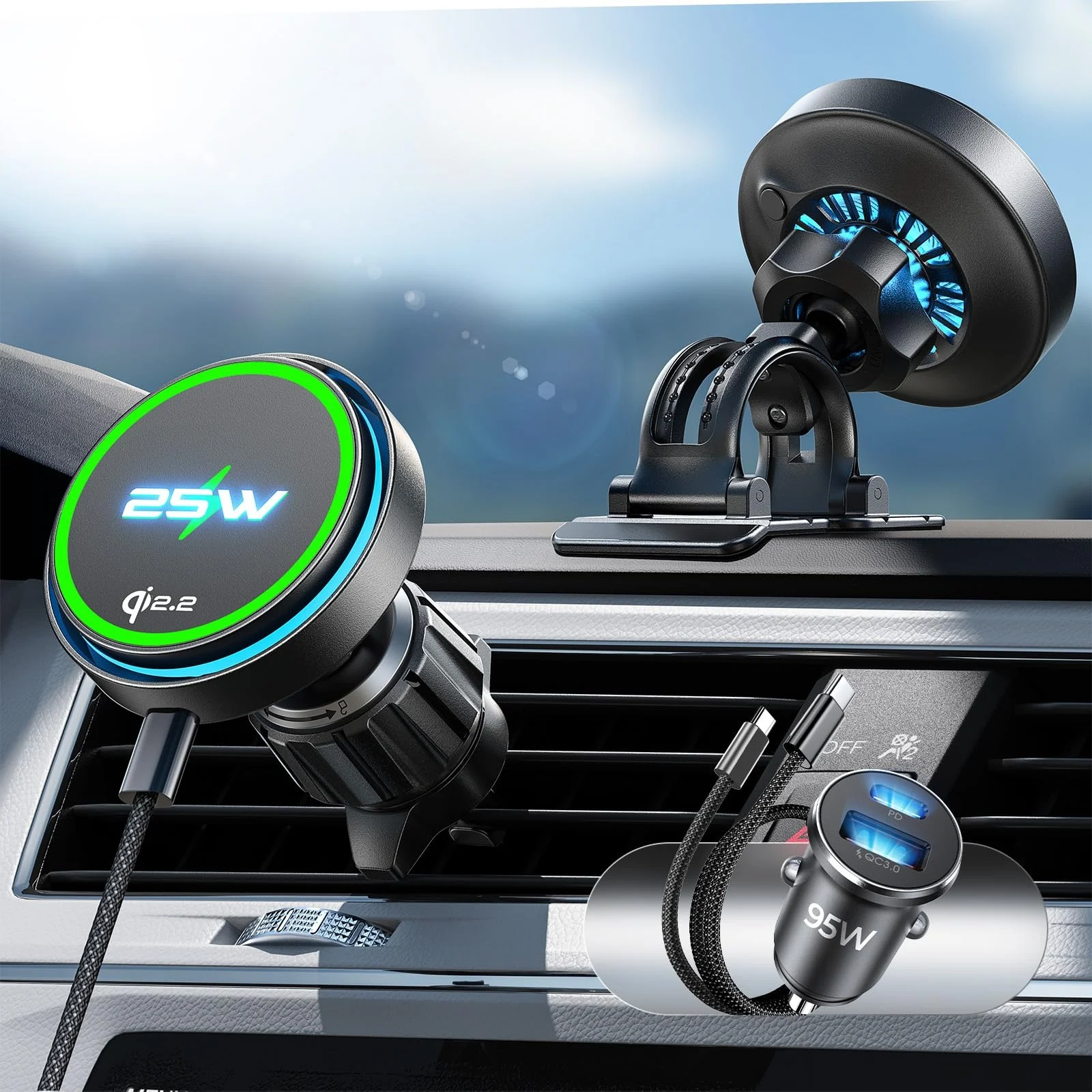 

LISEN for Qi2.2 25W Car Mount Charger,Cooling Fan＆95W Fast Adapter for Galaxy S26 and IPhone 17 Pro Max Air 16-12 Series