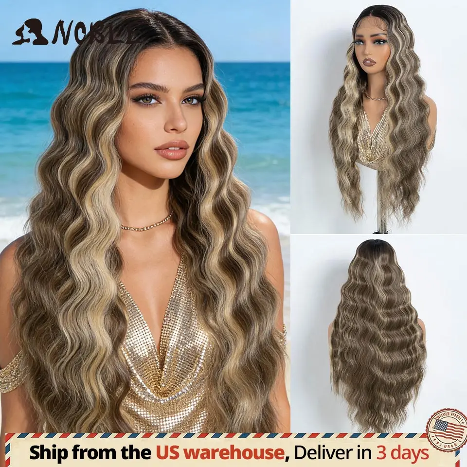 

Synthetic Lace Front Wig 28Inch Ombre Highlight Blonde Body Wave Natural Hairline Heat Resistant US Local Shipping Wear Cosplay