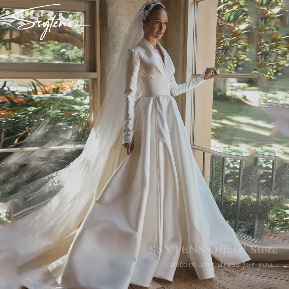 

SSYTENS Vintage Ivory A-Line Silk Satin Wedding Dresses Customized V-Neck Regular Long Sleeves Bride Gowns Vestido De Casamento
