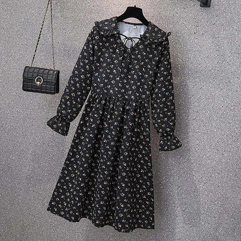 Elegant Floral Printed Long Dresses For Women Large Size Spring Autumn Female Doll Collar Long Sleeve Black Coffee Warm Vestidos