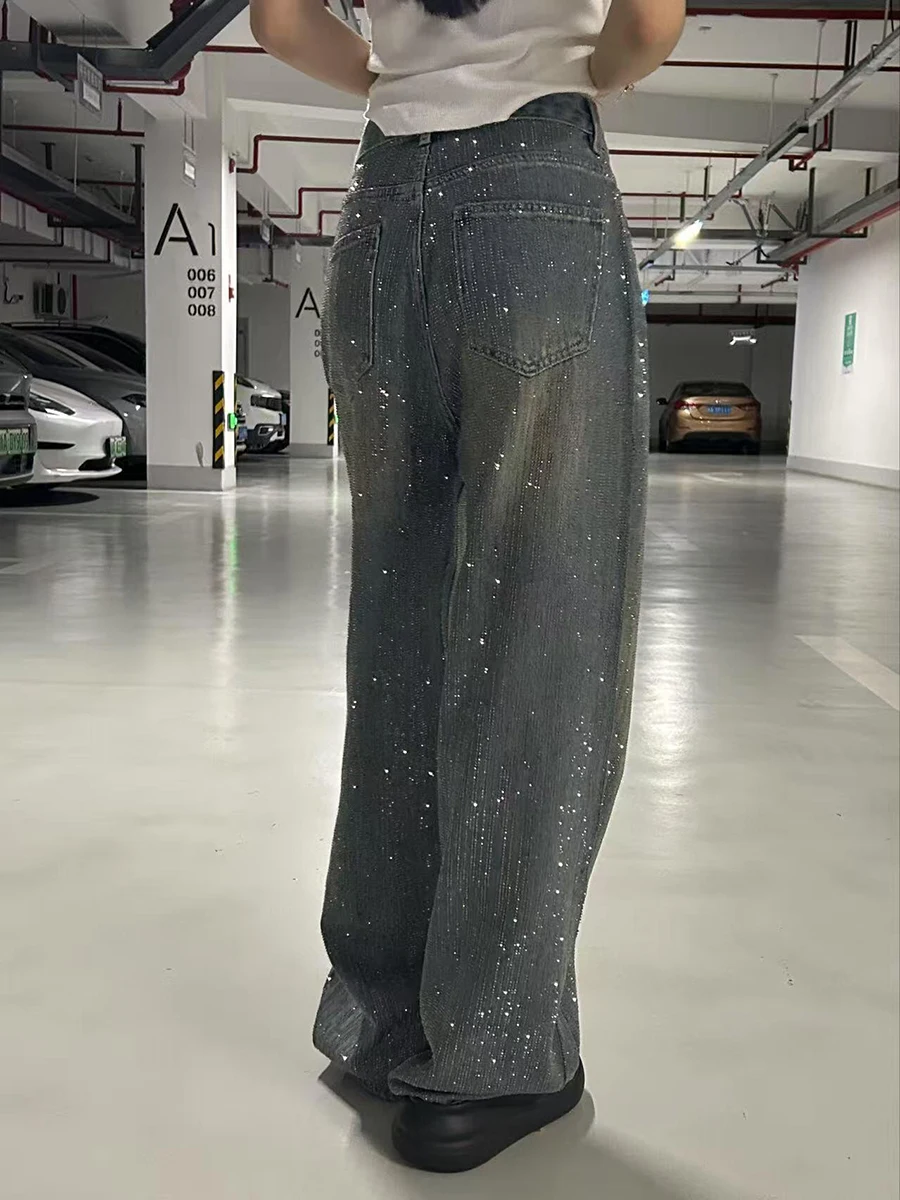 Pbap brilho strass azul baggy jeans feminino cintura alta bigodes fazer velho denim perna larga calças retas y2k vintage streetwear