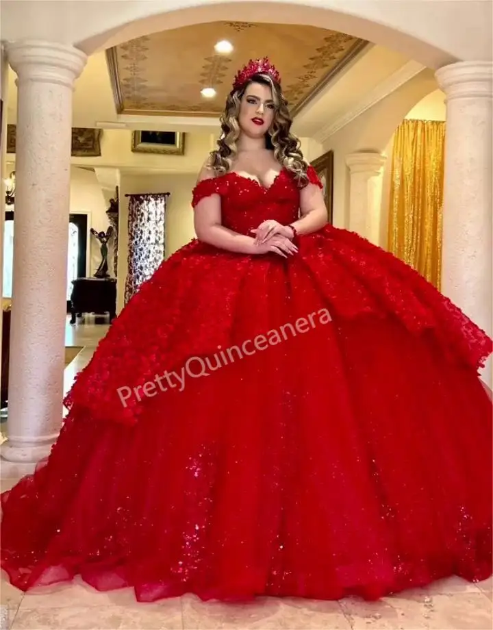 Black Charro Tiered Puffy Skirt Quinceanera Dresses Glitter Tulle 3D Flowers Lace Ball Gown Off Shoulder Lace Up Sweet 16 Dress