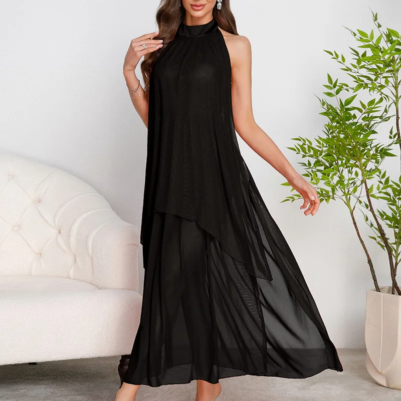 

Foreign Trade Multi-color Mesh Neck Nightdress Backless Irregular Skirt Long Drape Sexy Display Long Skirt Cw38282