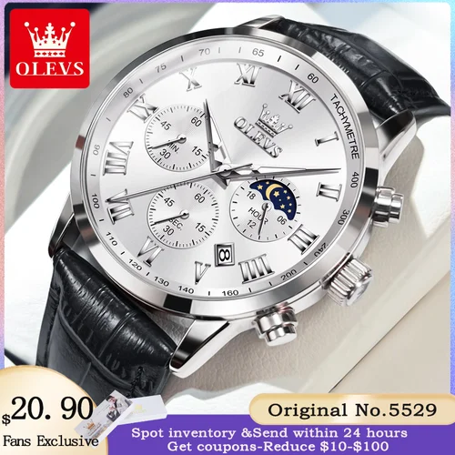 Imagen 1 del producto OLEVS 5529 Reloj para Hombre, Reloj de lujo para negocios, Reloj multifuncional resistente al agua, correa de cuero informal, Reloj de cuarzo para Hombre, Reloj para Hombres