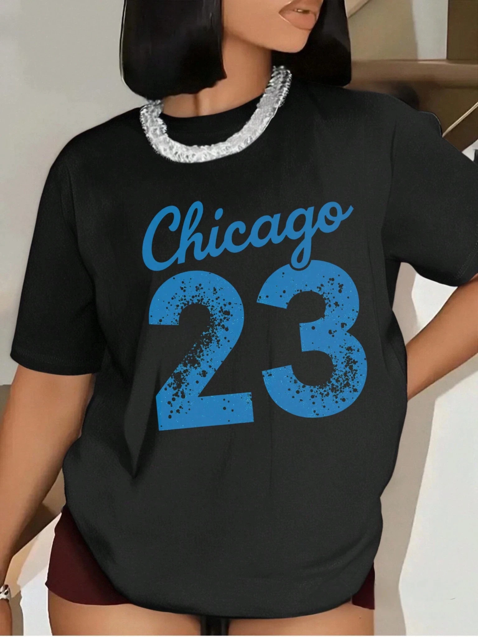 شيكاغو رقم. 23 تي شيرت نسائي من القطن الخالص مطبوع ريترو 2026 صيفي يجب أن يكون متعدد الاستخدامات Harajuku نمط الشارع قمة الموضة الجديدة