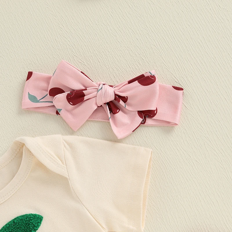 Completi estivi per bambina da 0-18 mesi, pagliaccetto a maniche corte con pantaloni svasati con motivo ciliegia/fragola e fascia per capelli con fiocco, set da 3 pezzi