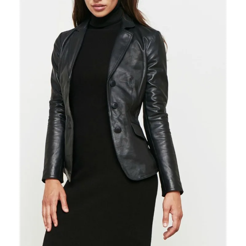 Women's Real Lambskin Leather Blazer Front Button-Up Coat Outdoor