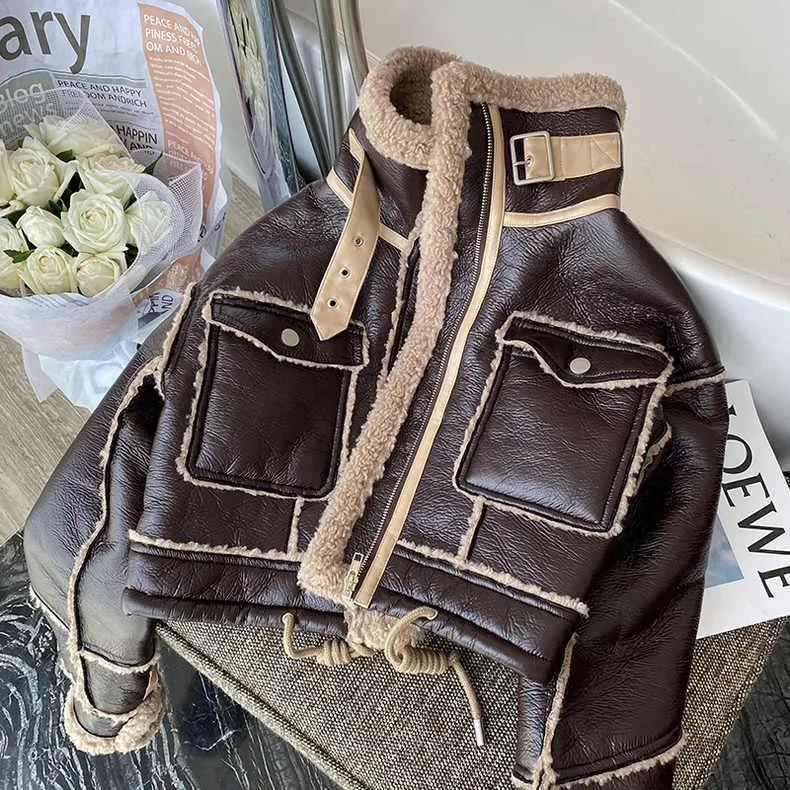 Boys and Girls 2024 Winter New PU Leather Lamb Wool Jacket Korean Motorcycle Thick Standing Collar Short Fur Coat