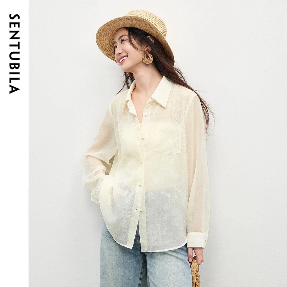 SENTUBILA Women Oversize Shirt 2026 Elegant Lace Sheer Lapel Collar Back Cutout Design Loose Casual Long Sleeve Tops 161CA5015