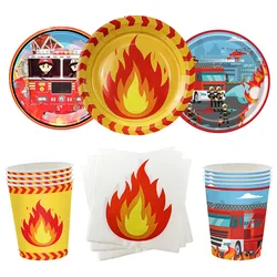 Fire Flame Paper Plates Napkin Cups Firefighter Theme Disposable Tableware Table Supplies Firetruck Birthday Party Decorations
