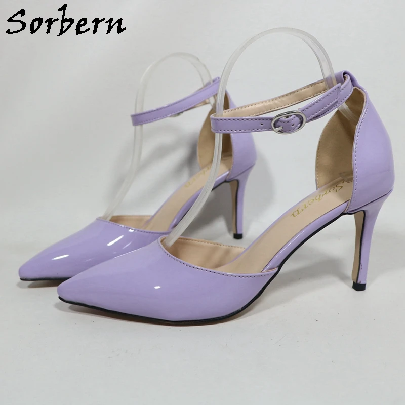 Sorbern Lilac Shiny Women Pump Shoes Pointed Toe Ankle Strap 8Cm 10Cm 12Cm High Heel Stilettos Custom Colors