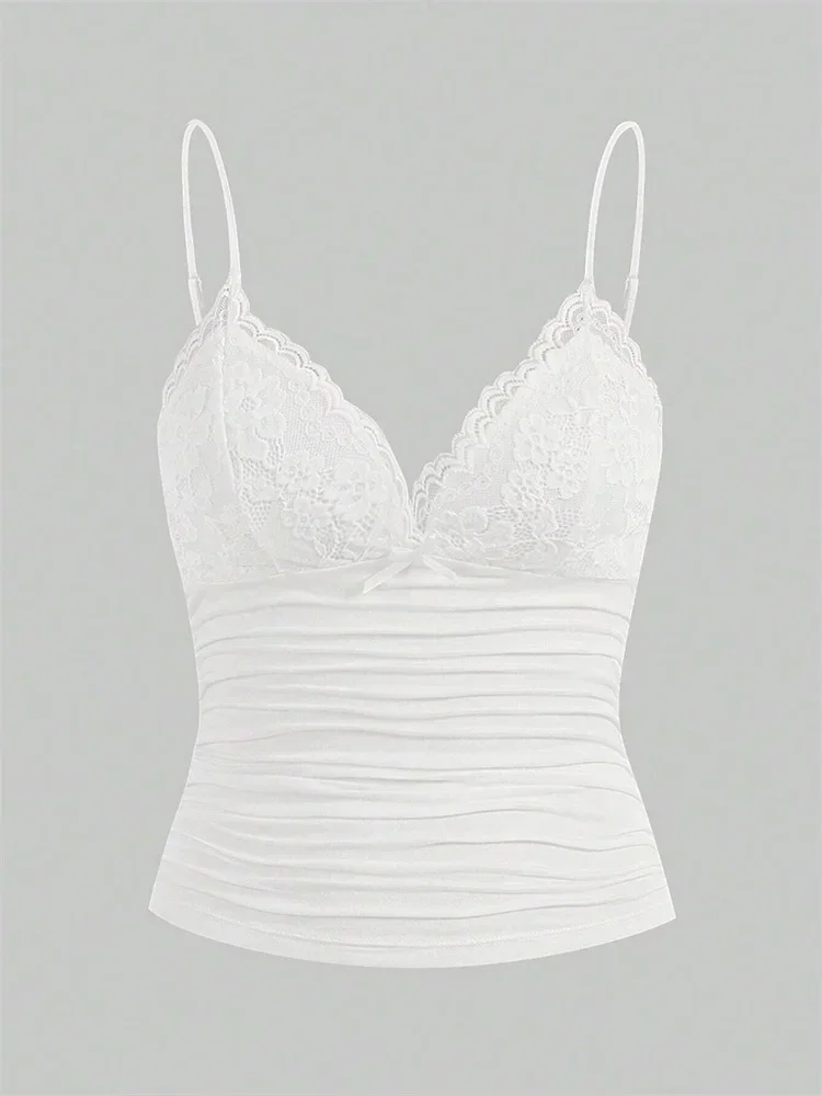 مثير التباين مقوس دانتيل الجبهة المحاصيل كامي الأعلى المرأة 2025 الصيف الجرونج الشرير Y2K الملابس Ruched نحيل عارية الذراعين تي شيرت #1