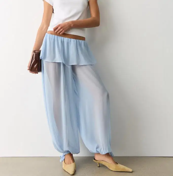 Women's Sheer Balloon Pants Casual Loose Fit Mid Rise Long Bloomers