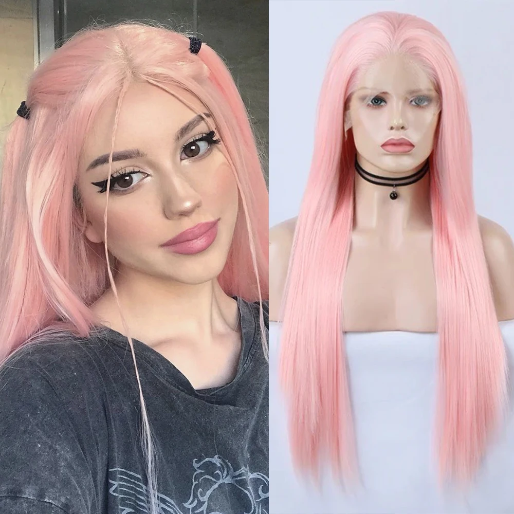 وردي فاتح طويل مستقيم الاصطناعية الدانتيل الباروكة أمامي الباستيل الوردي شعر مستعار طويل الحرير مستقيم الباروكات الدانتيل الشعر للنساء حزب تأثيري #1