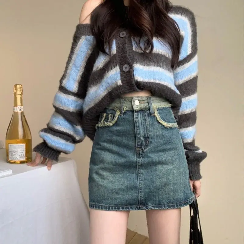 Cute Jeans Skirts for Women High Waist Rough Edges Kawaii Woman Denim Skirt Quality Stylish Chic and Elegant New in Aesthetic V