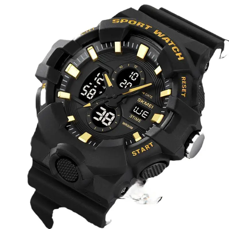 ساعة SkmeiMen الرياضية الخارجية الإلكترونية متعددة الوظائف بعرض مزدوج مضيئة مقاومة للماء بحركة مزدوجة إلكترونية