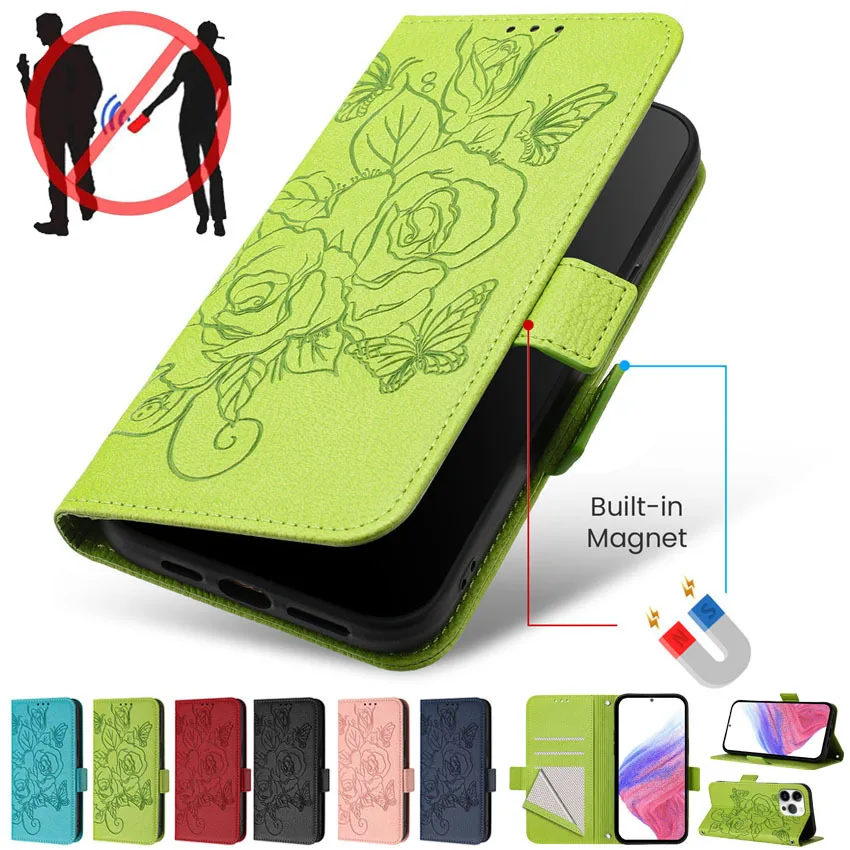 כיסוי פליפ אמבוסינג עבור iPhone 16 15 14 13 12 11 Pro Max X XS XR 7 8 Plus SE 2 3 חוסם RFID חריץ כרטיס כיסוי עמיד