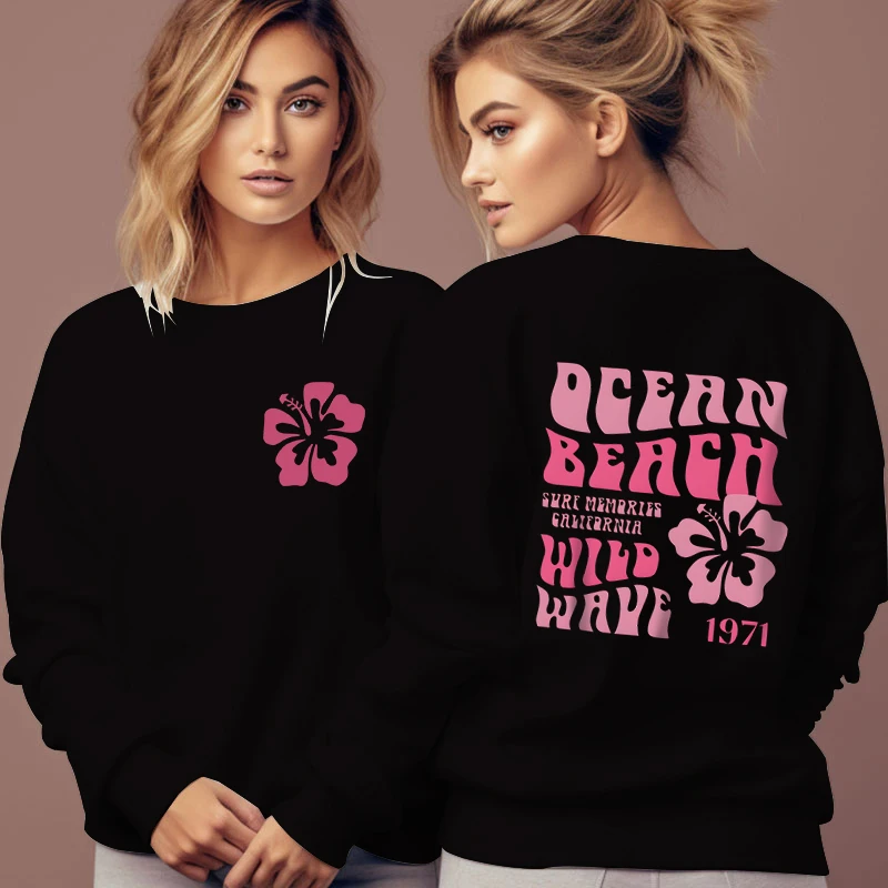 

Trendy Autumn Woman Sweatshirts Ocean Beach Wild Waves Floral Design Women Sweatshirt Graphic Flower Surf Lover Classic Hoodie