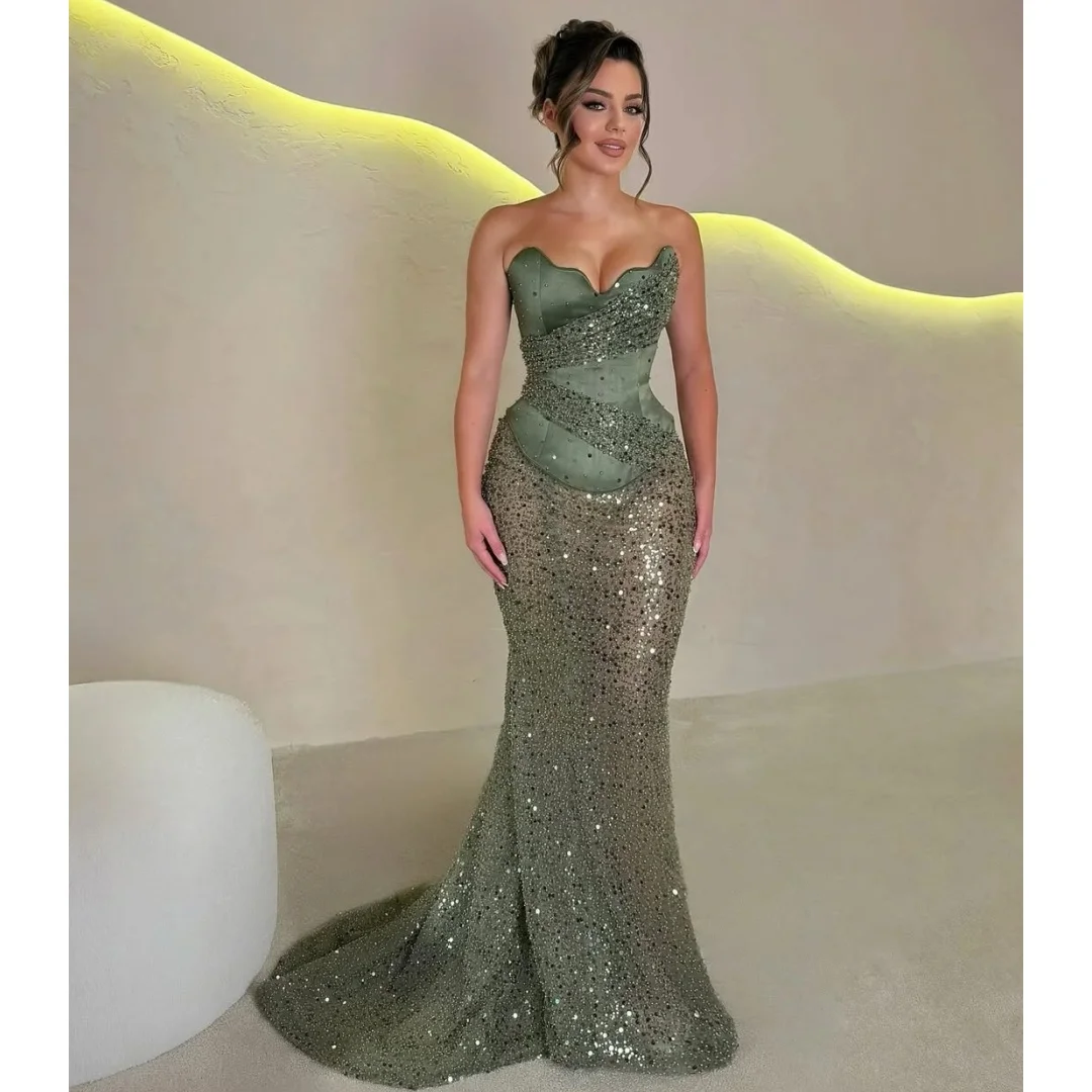 

Shiny Mermaid Sequin Evening Dresses Strapless Pleat Illusion Wedding Party Dress Customized Dubai Luxury Prom Gown Vestidos