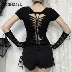 Goth Dark Hollow Out Backless Short Sleeve T-shirts Punk Style Printed Slim Tops Women Tees Mall Gothic Chic T-shirt Streetwear