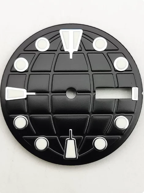 28.5mm dial face with dual calendars is suitable for the NH36 movement, featuring green night glow, black polished finish.