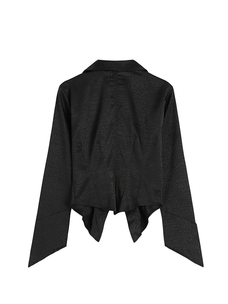 Women Shirts Black Turn-down Collar Long Sleeve Loose Vintage Blouses Female Elegant Office Ladies Chic Jacquard Tunic Shirt Top