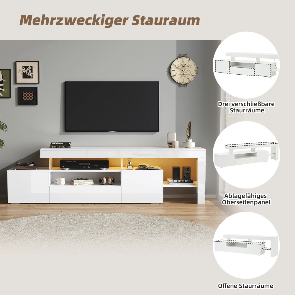 192 * 37 * 53 cm moderner Wohnzimmer-TV-Schrank mit 3 Schränken, TV-Ständer mit LED, Hochglanz-Lowboard, Kommode für 85-Zoll-Fernseher – Detail 7