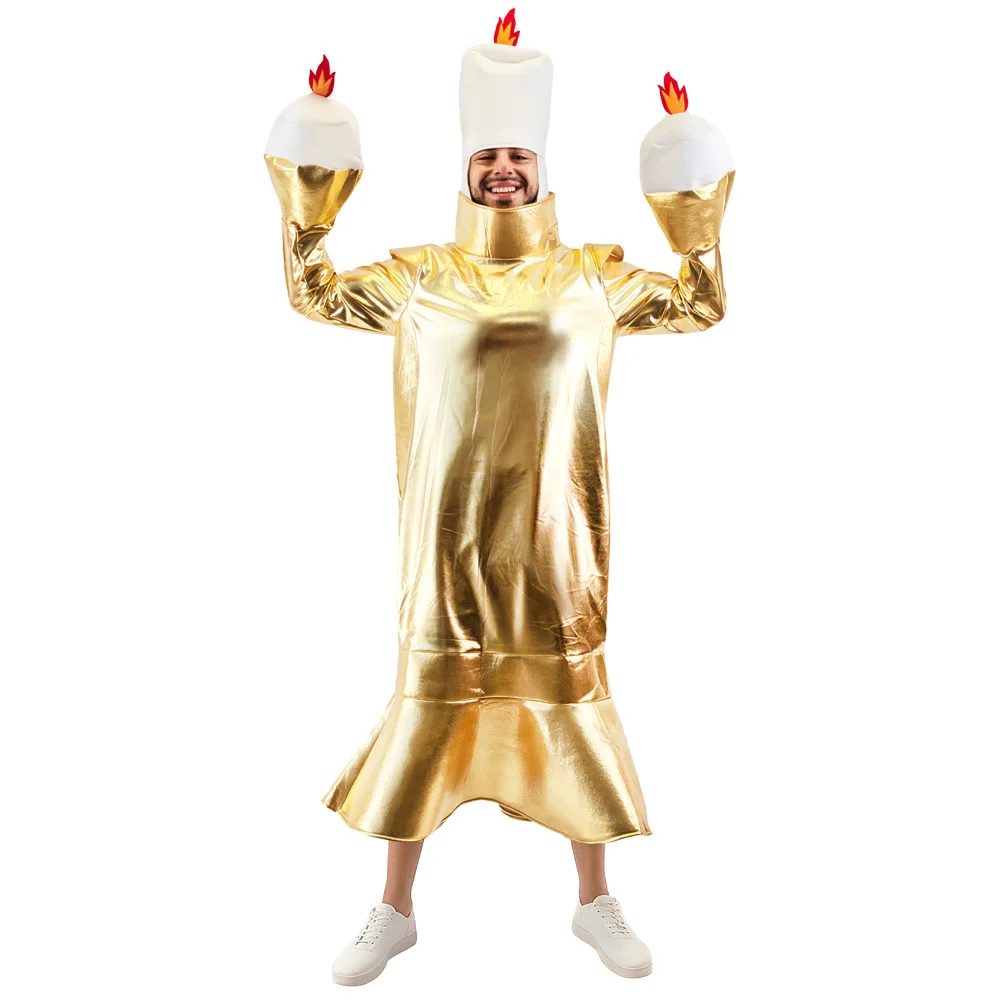 

2025 New Arrival Adult Gold Candlelit Candle Beast Lumiere Halloween Fancy Dress Up Candelabra Men Costume