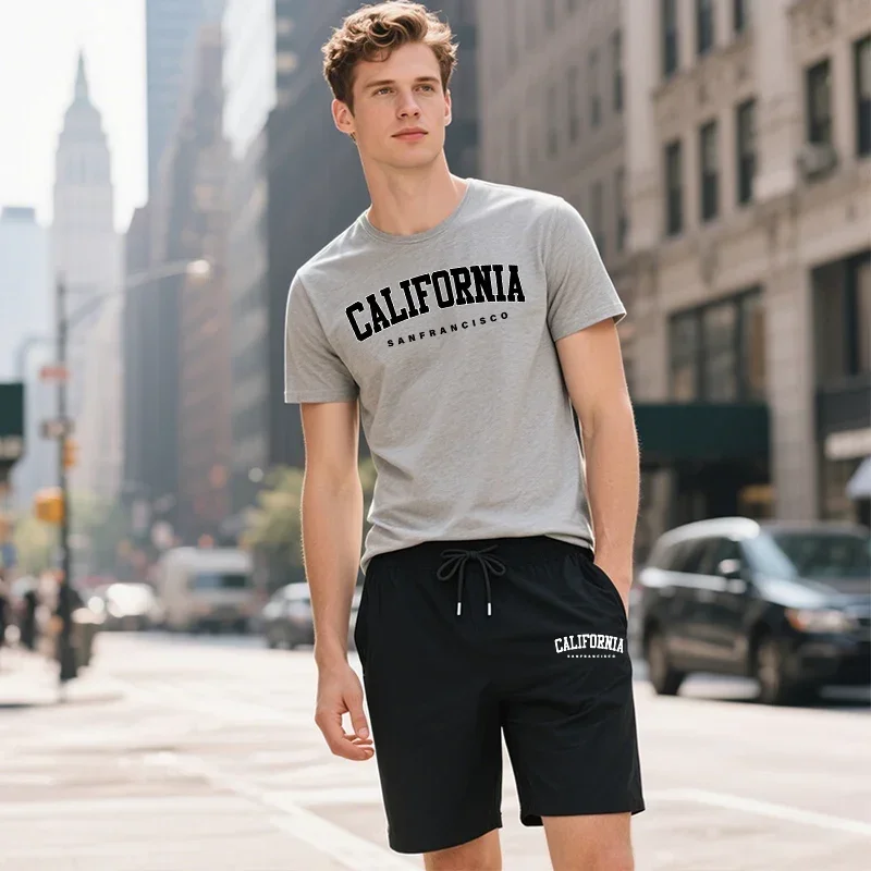 Fashion Tracksuit O-neck Tees Walking ShortsCalifornia Fashion T-shirt Shorts 2pcs Set Men's Summer Casual Sports Outfits Urban