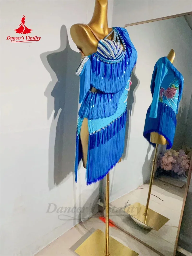 Vestido personalizado de dança latina para mulheres, Rumba Cha Cha Cha Tango Competição Vestuário, Vestidos De Borla De Dança Latina