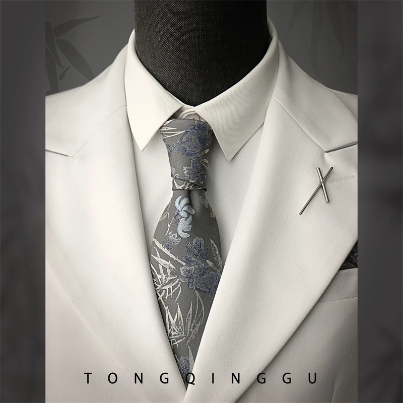 

Light Luxury Chinese Style Gray Flower Pattern Men's Necktie Business Banquet Shirt Accessory 7CM Wide Handmade Knotted tie
