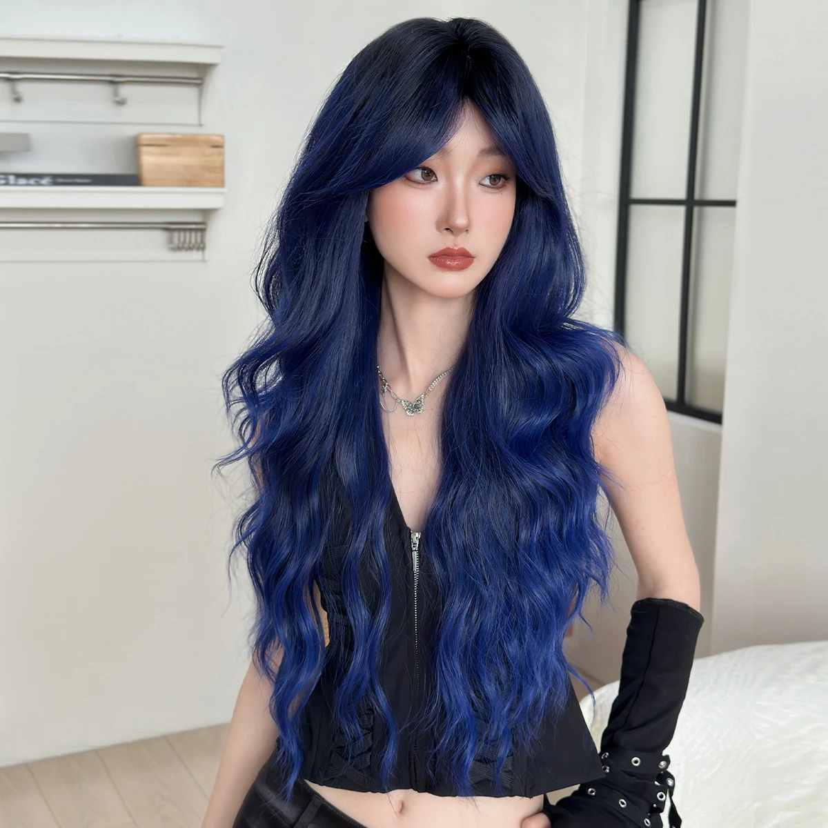 7JHH WIGS Long Water Wave Dark Blue Wig for Women Synthetic Modest Fashion Middle Part Wear and Go Wigs with Curtain Bangs - view 2