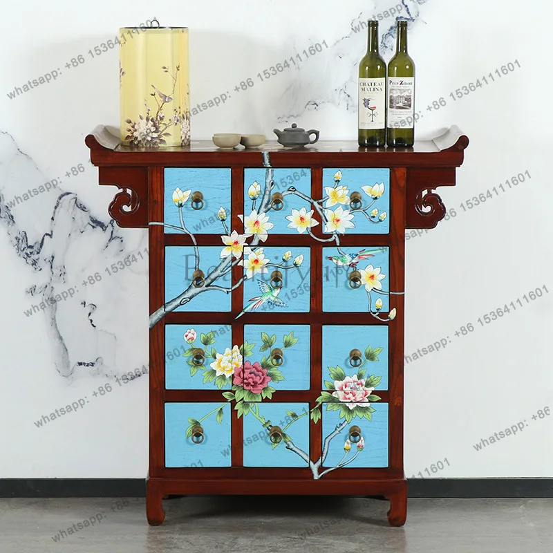 LS new Chinese-style entrance cabinet, painted storage decoration, multi-pump solid wood retro painted entrance cabinet
