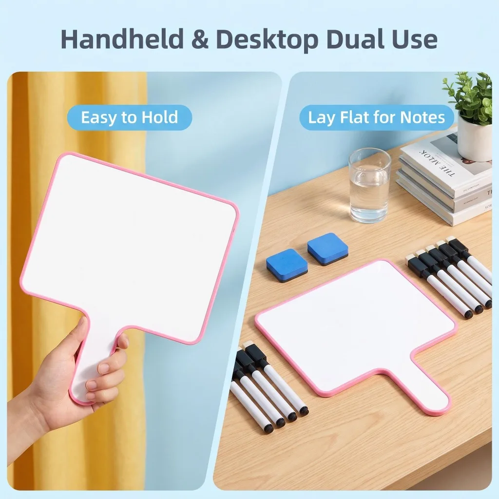 Handheld Dry-Erase Whiteboard Set with Handle, Mini Portable Erasable Board, Markers & Erasers Included for Office Home Use