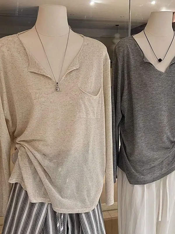 Extra Large Size 300 Pou Thin Knitted Top Women's Long Sve V-Ne Loose Lazy Sle Sunade Cover irt Cotton Polyester