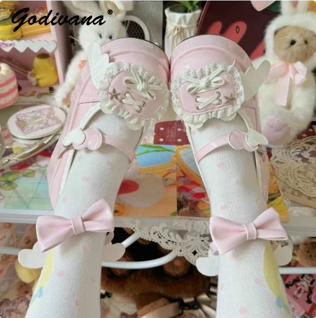 New Sweet Girls Round Head Lolita Platform Muffin Shoes Cute Japanese Style Women's Small Wings Leather Shoes Paltform Pumps image 3