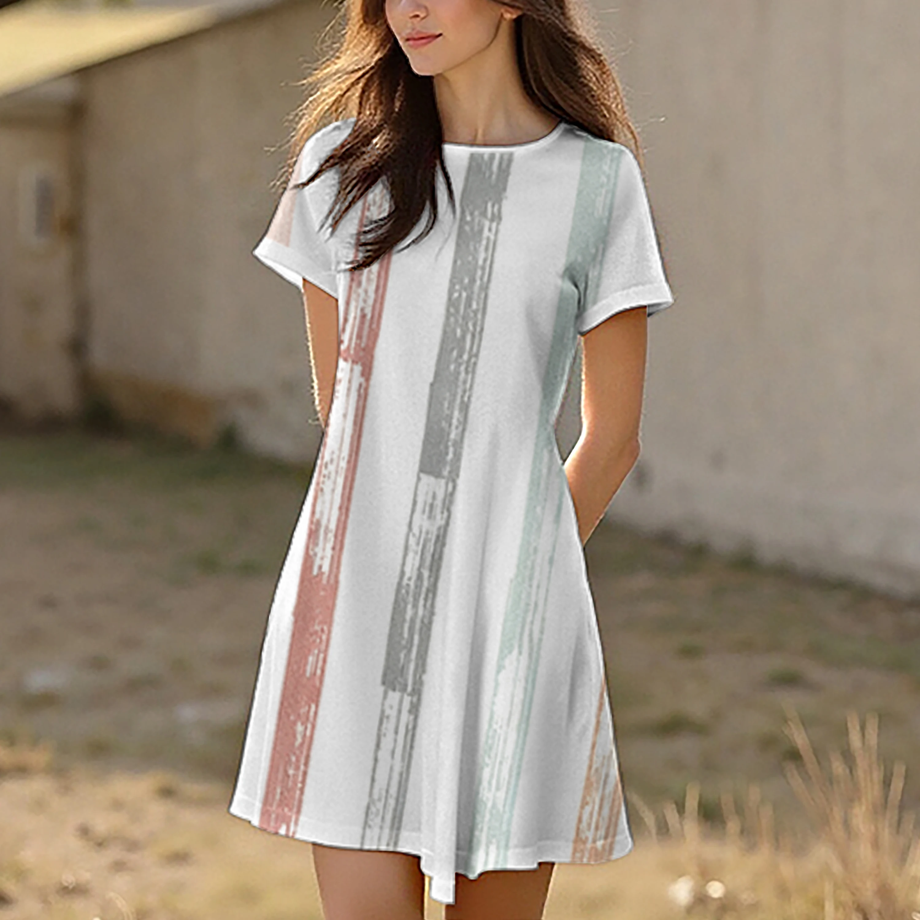 Vestido feminino de verão com gola redonda e padrão listrado de bolinhas, casual, confortável, elegante e respirável