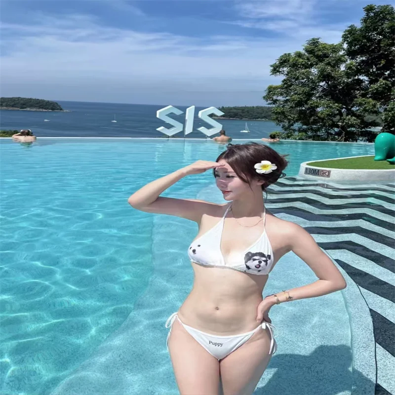 

Женский треугольный купальник с принтом собачек, прочный, с эластичными бретелями, милый дизайн, от DK