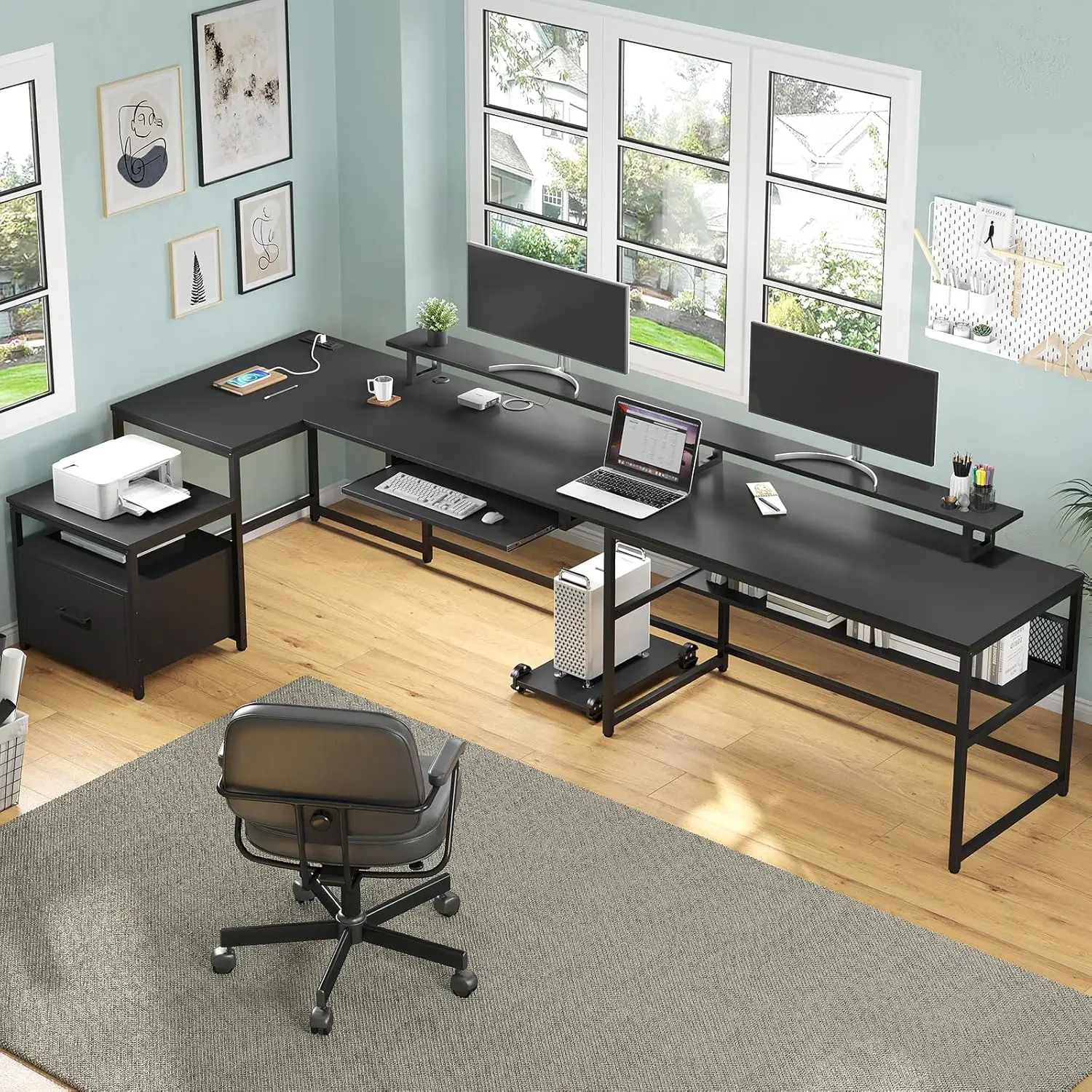 

U Shaped Desk, Reversible L Shaped Home Office Desk with File Drawer & Power Outlet 101.5 Computer Two Person Desk with Monitor