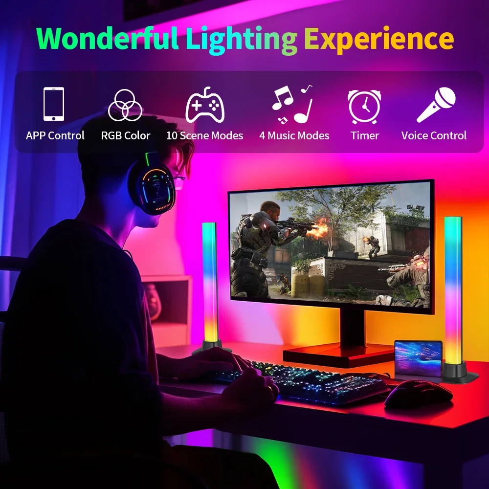 LED Música Rhythm Sensing Lamp, Controle APP, Conector USB, Voz Dinâmica Ativada Atmosfera, Gaming Night Light, 2 em 1, 40cm