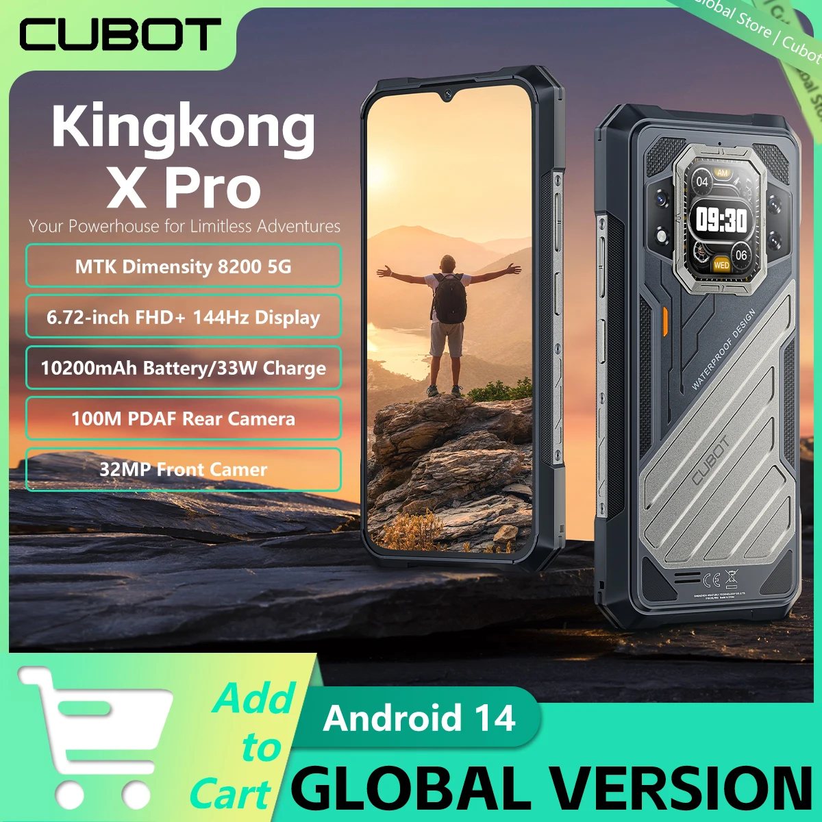 CUBOT KINGKONG X PRO 견고한 스마트폰, MTK 디멘시티 8200, 6.72 인치 화면, 144Hz, 10200mAh, 12GB, 24GB RAM, 256GB ROM, 100MP 카메라, NFC, 5G