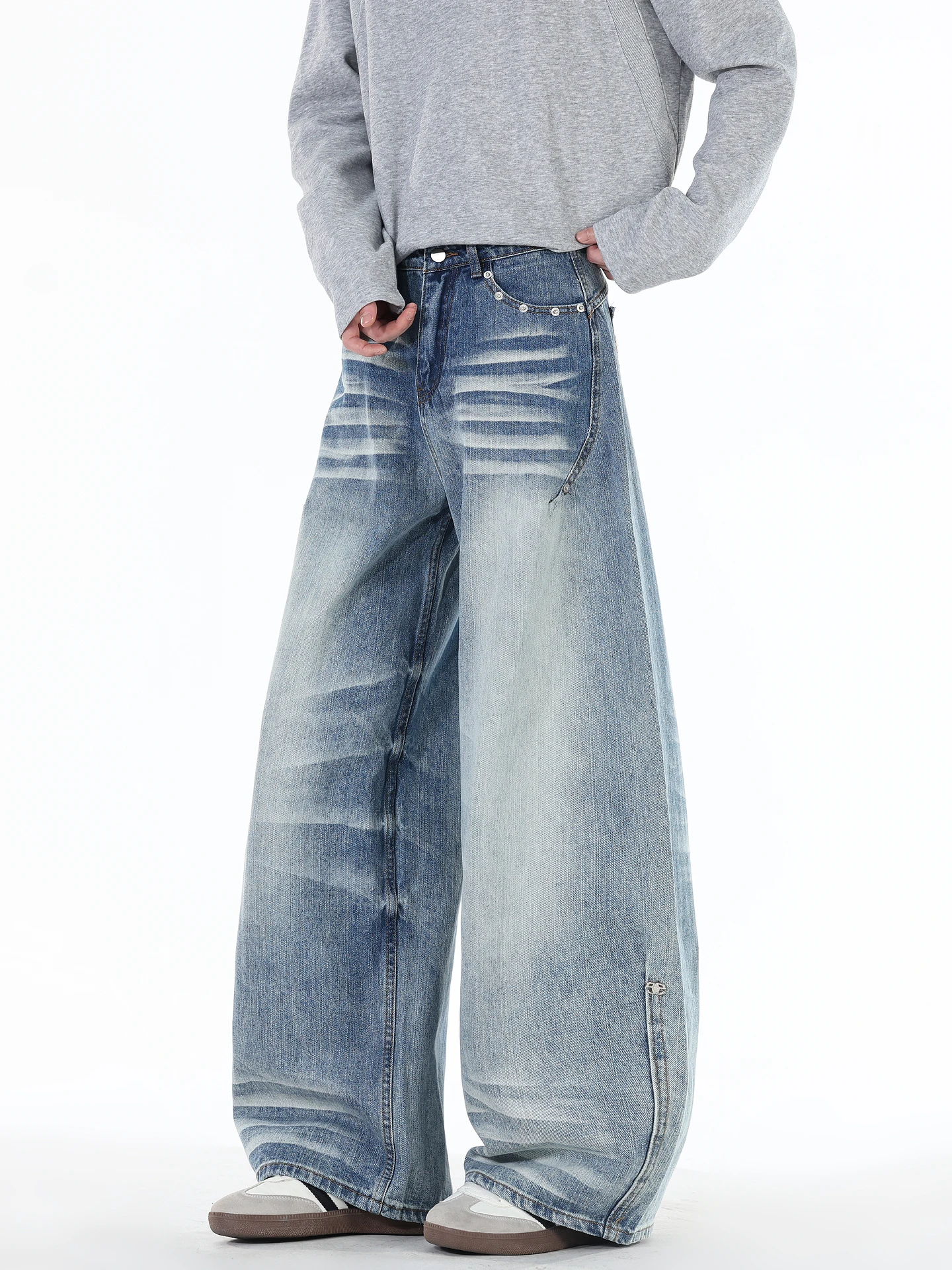 

Модные американские джинсы Wukong: прямые, свободные, широкие, удлиненные брюки для мужчин и подростков, повседневная одежда