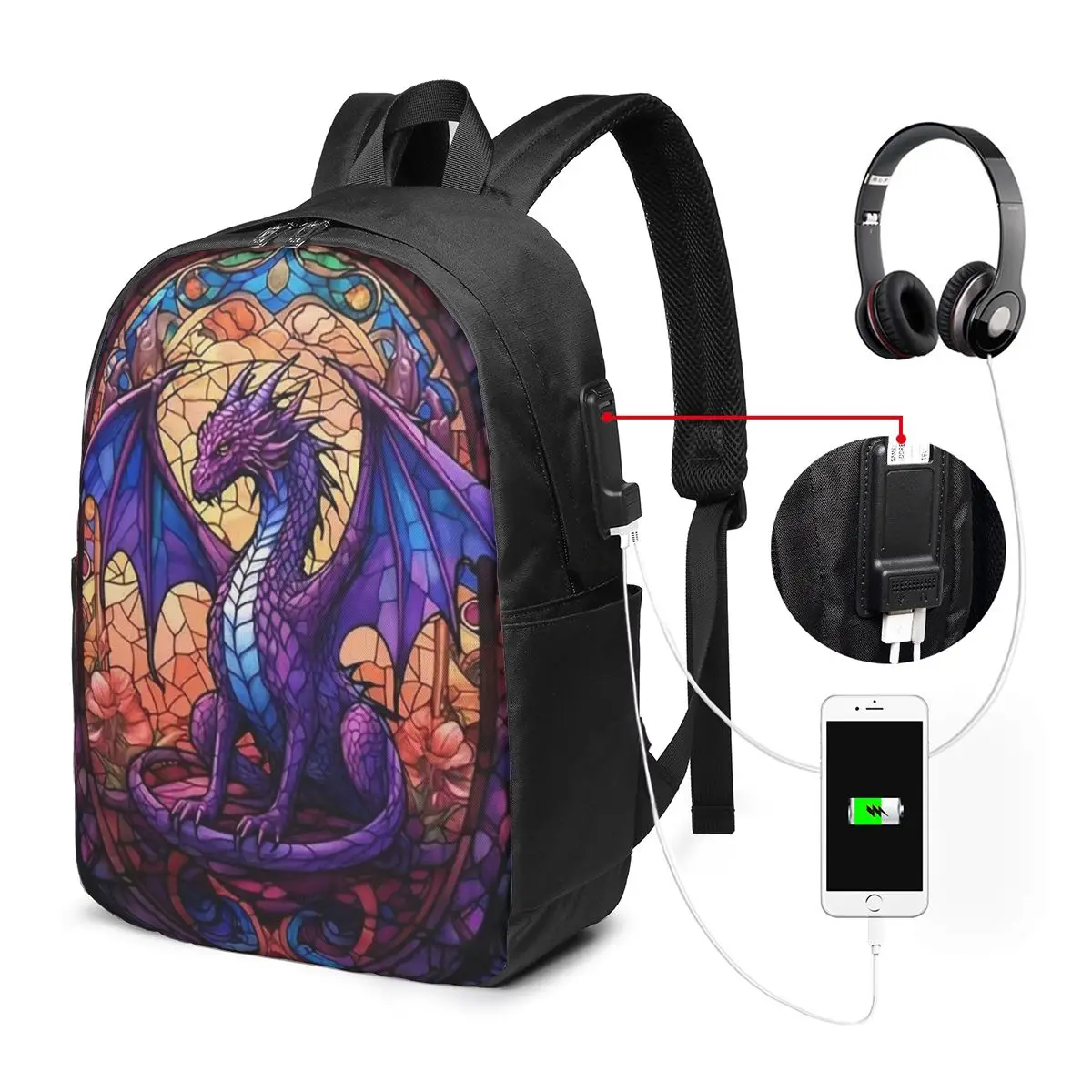 Vibrant Dragon Stained Glass Art Backpack Travel Notebook Bag Computer College Student School Bag Laptop Shoulder Bags Men Women