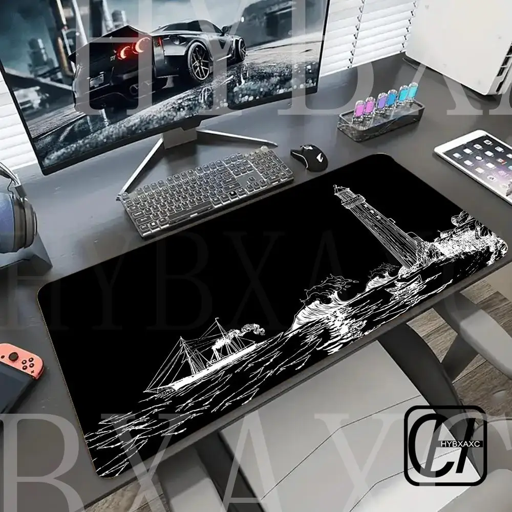 HYBXAXC Mouse Pad Laptop Anime Lighthouse Rubber Keyboard Pad PC Black And White Wave Gamer MouseMat Gaming Accessories Mousepad