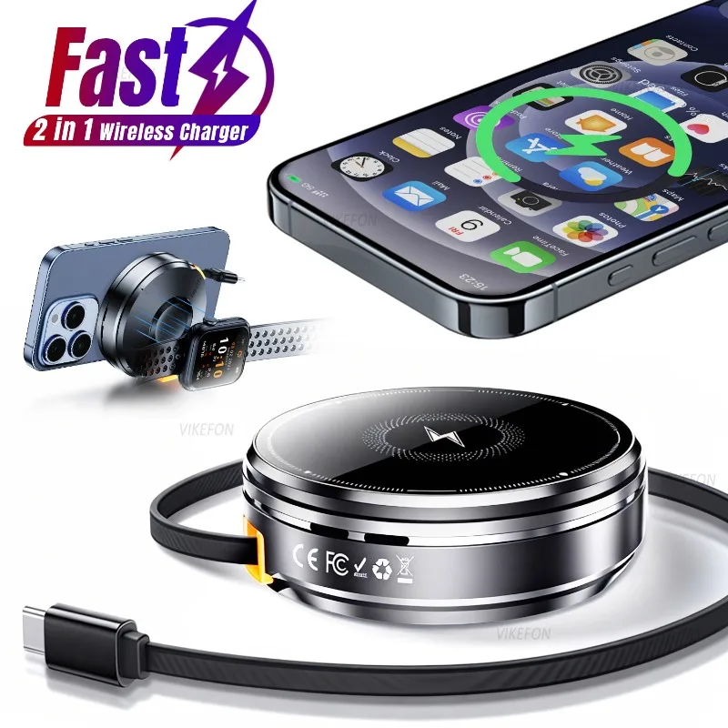 Magnetic 2 in 1 Wireless Charger Built in Cable for Magsafe iPhone 17 16 15 14 13 12 Apple Watch 11-2 Airpods Pro Fast Charging