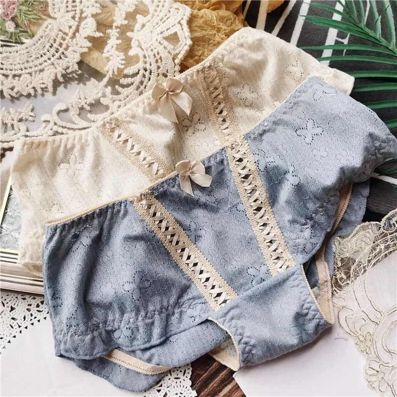 2024 Vintage Sen Style Court Sexy Lace-up Hollow-out Ruffle Low Waist Cute Female Underwear Women Panties Lingerie Tenu