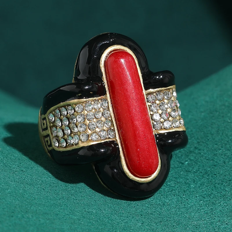 

Black Enamel Red Agate Vintage Rings Natural Stone Designer Antique Gold Color Jewelry Cross Retro Luxury 2026 Woman Party
