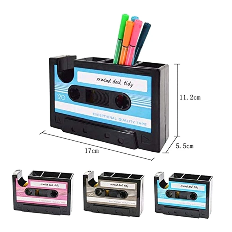 Dispensador de cinta con soporte para bolígrafo, dispensador de cinta de casete Retro, suministros de oficina Retro, dispensador de cinta lindo divertido