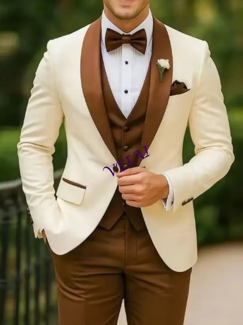 Aangepaste nieuwe witte en bruine formele mannen pak bruidegom stalknecht bruiloft prom zakelijke mannelijke smokings 3-delige set blazer vest p - afbeelding 2