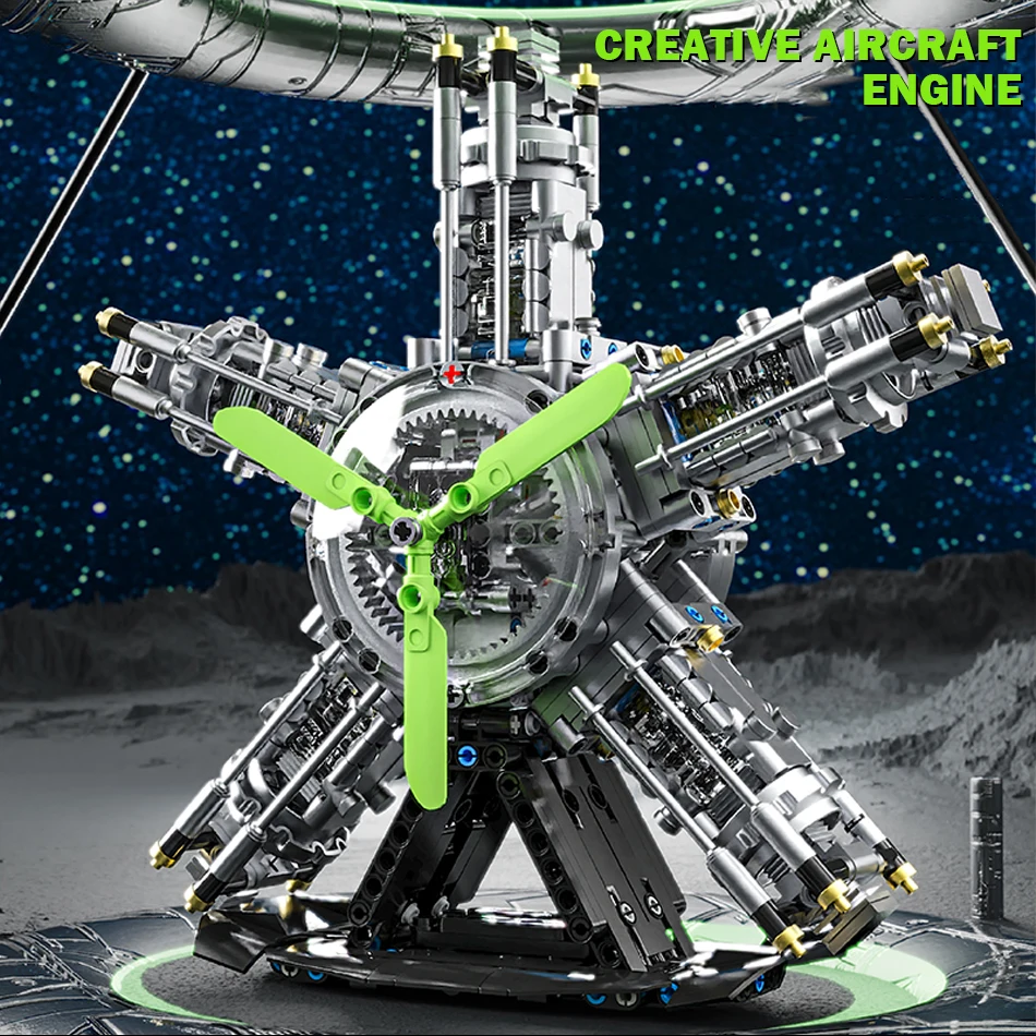 MOC ทางเทคนิคมอเตอร์ S-Cylinder Radial Engine Building Blocks พร้อมแสงไฟฟ้าเครื่องบินเครื่องยนต์อิฐของเล่นเด็กของขวัญ